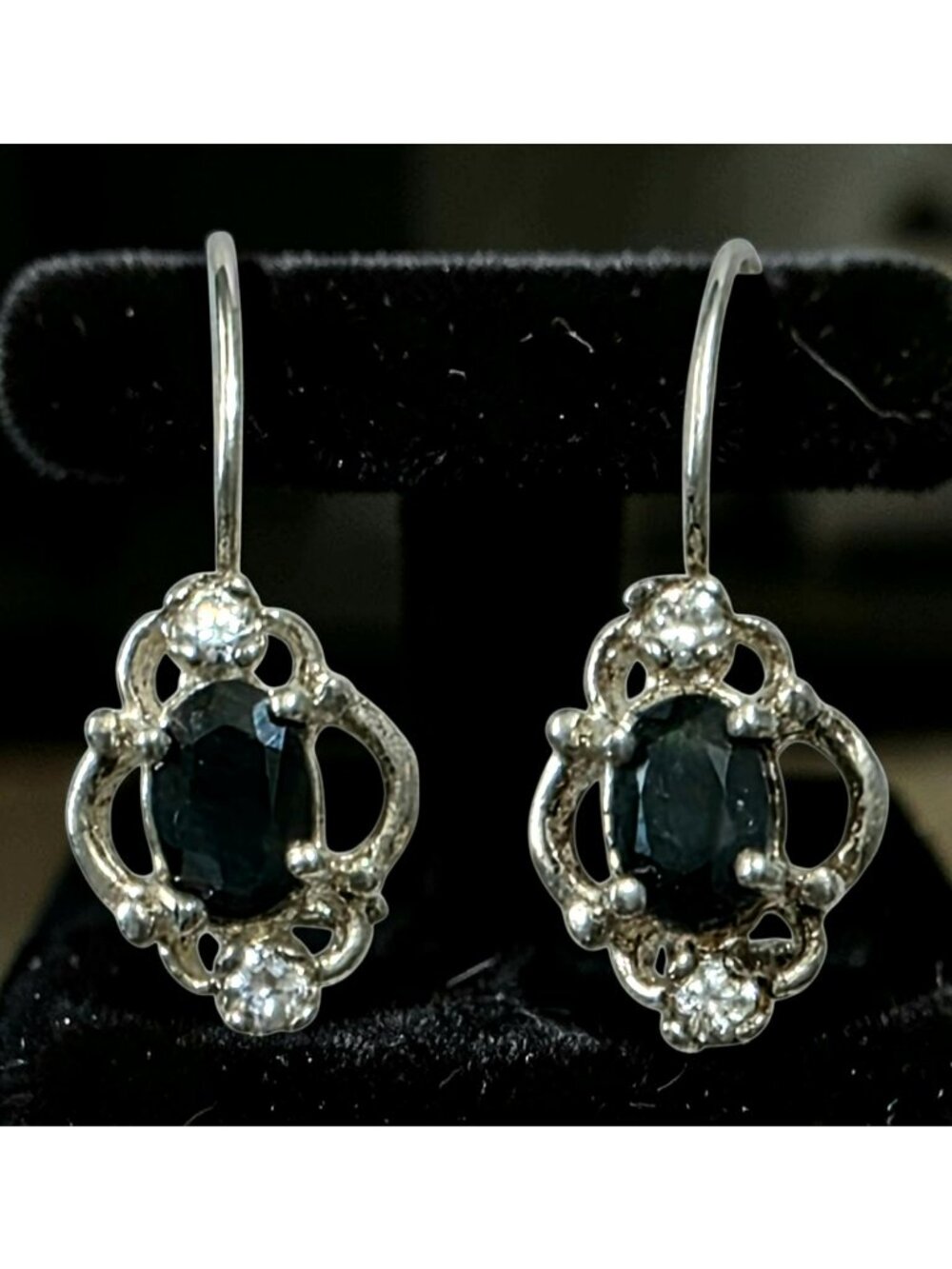Vintage Sterling Silver Sapphire Oval Drop Earrings Rhinestone Formal Victorian
